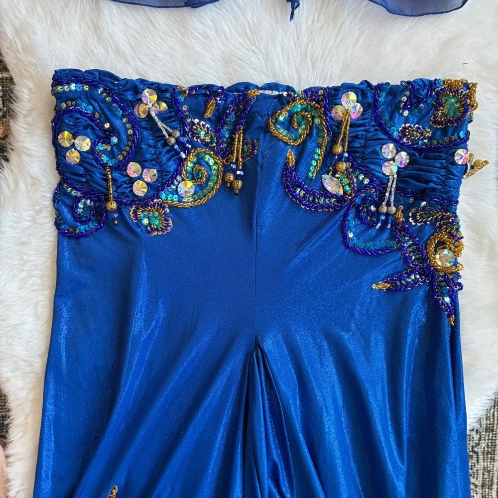 Hand Beaded Bedlah Blue Belly Dancing Costume Set Bra Top and Harem Pants